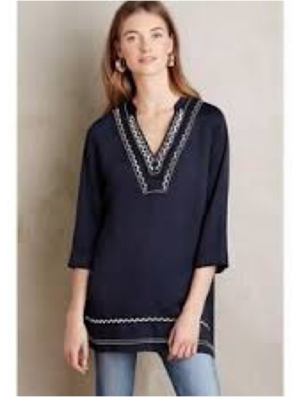 Dolan Anthropologie Silky Pullover Tunic Top Blue with embroidery Large